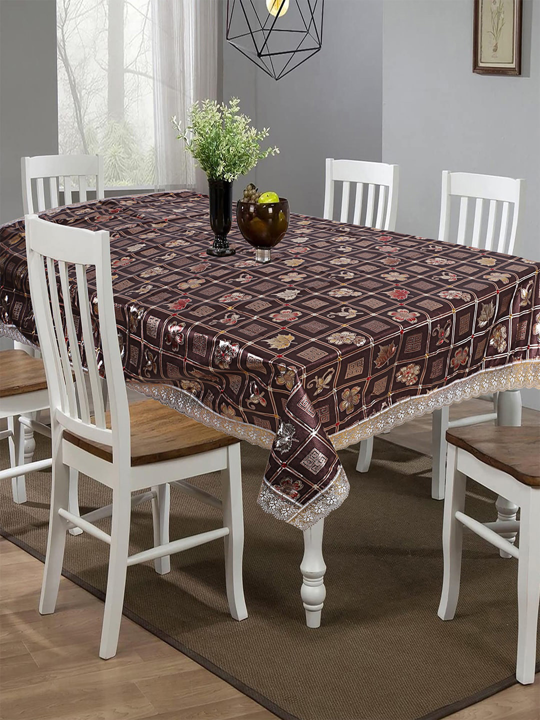 Kuber Industries Gold & Brown Geometric Pattern PVC Oil & Spill-Proof 6-Seater Table Cover