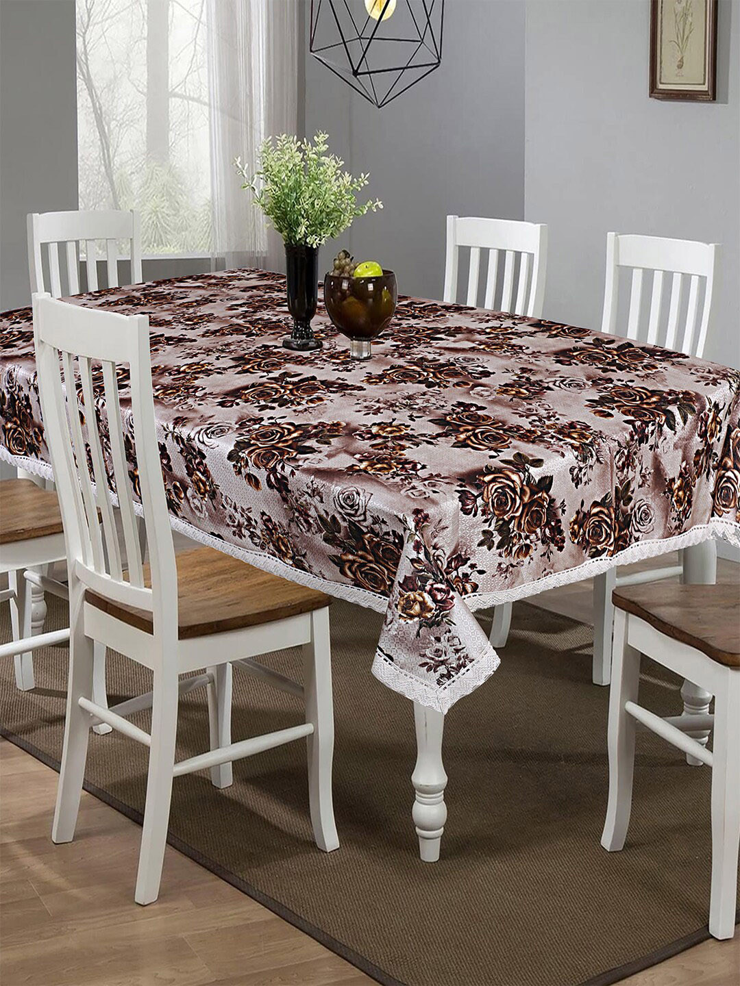 Kuber Industries White & Brown Dining Table Cover