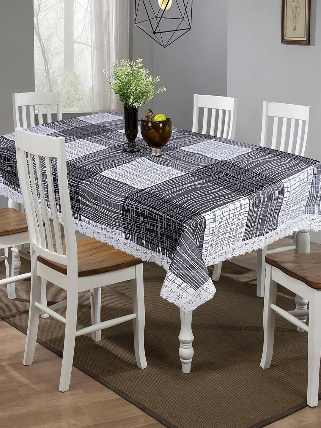 Kuber Industries Grey & Black Striped Spill-Proof 6-Seater Table Cover
