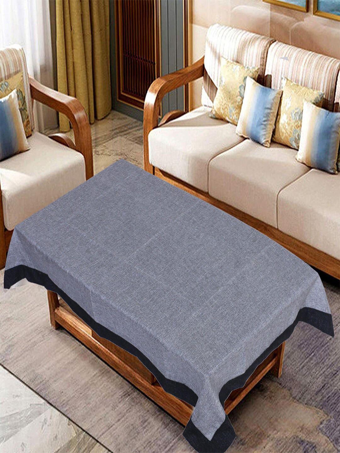 Kuber Industries Grey & Black Jute Water Proof Centre Table Cover 4 Seater