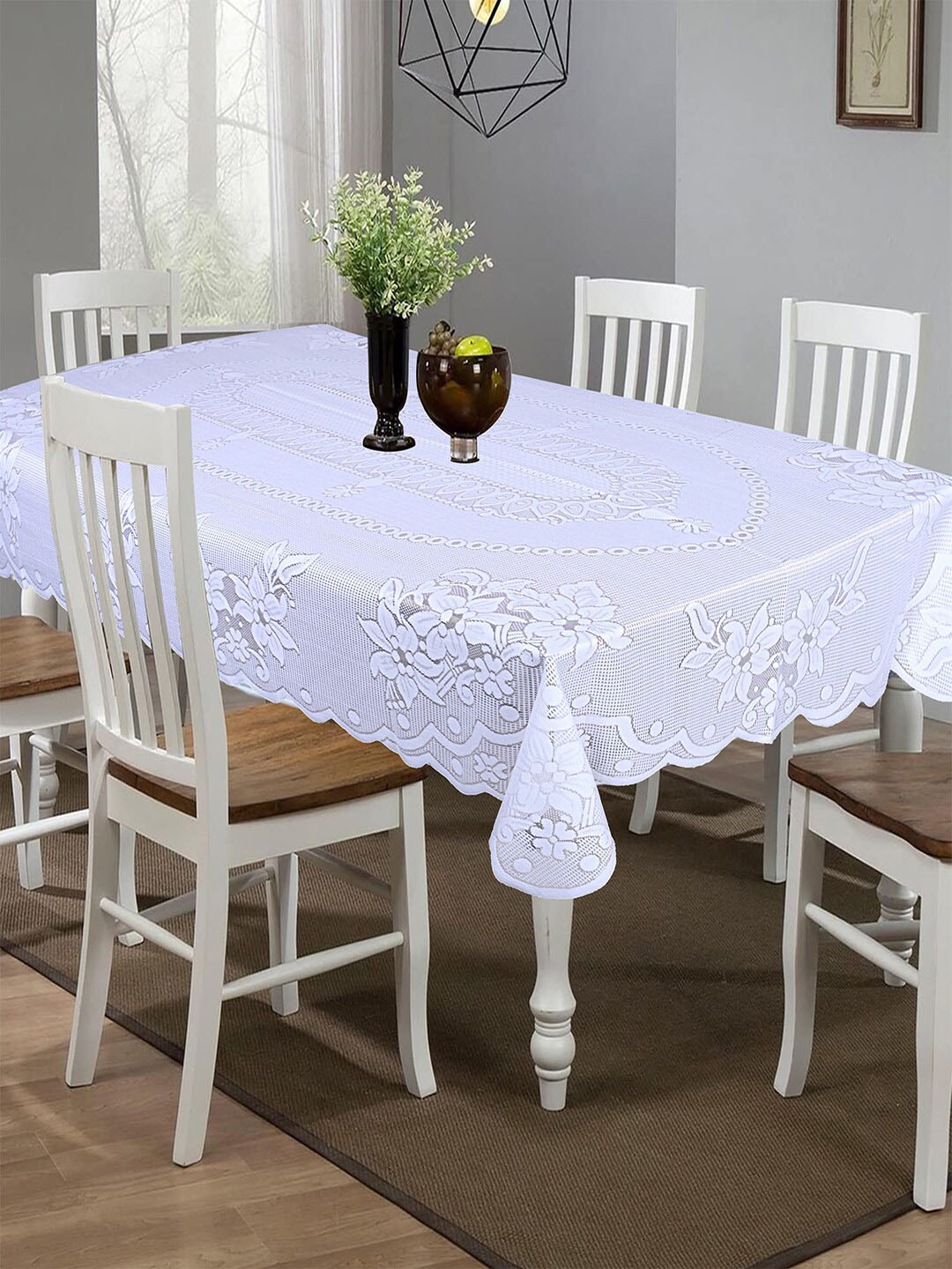 Kuber Industries White Floral Pattern Water Proof 6-Seater Table Cover