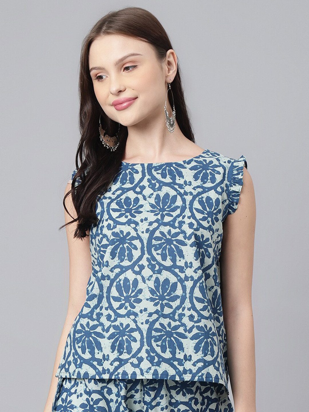 DECKEDUP Print Ruffles Cotton Top