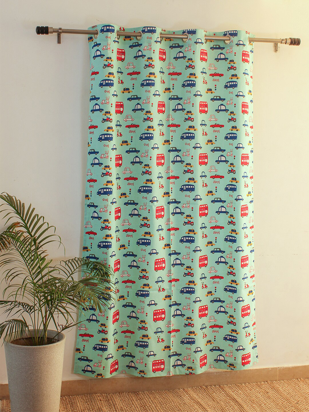 House This Blue & Red Conversational Print Cotton Long Door Curtain