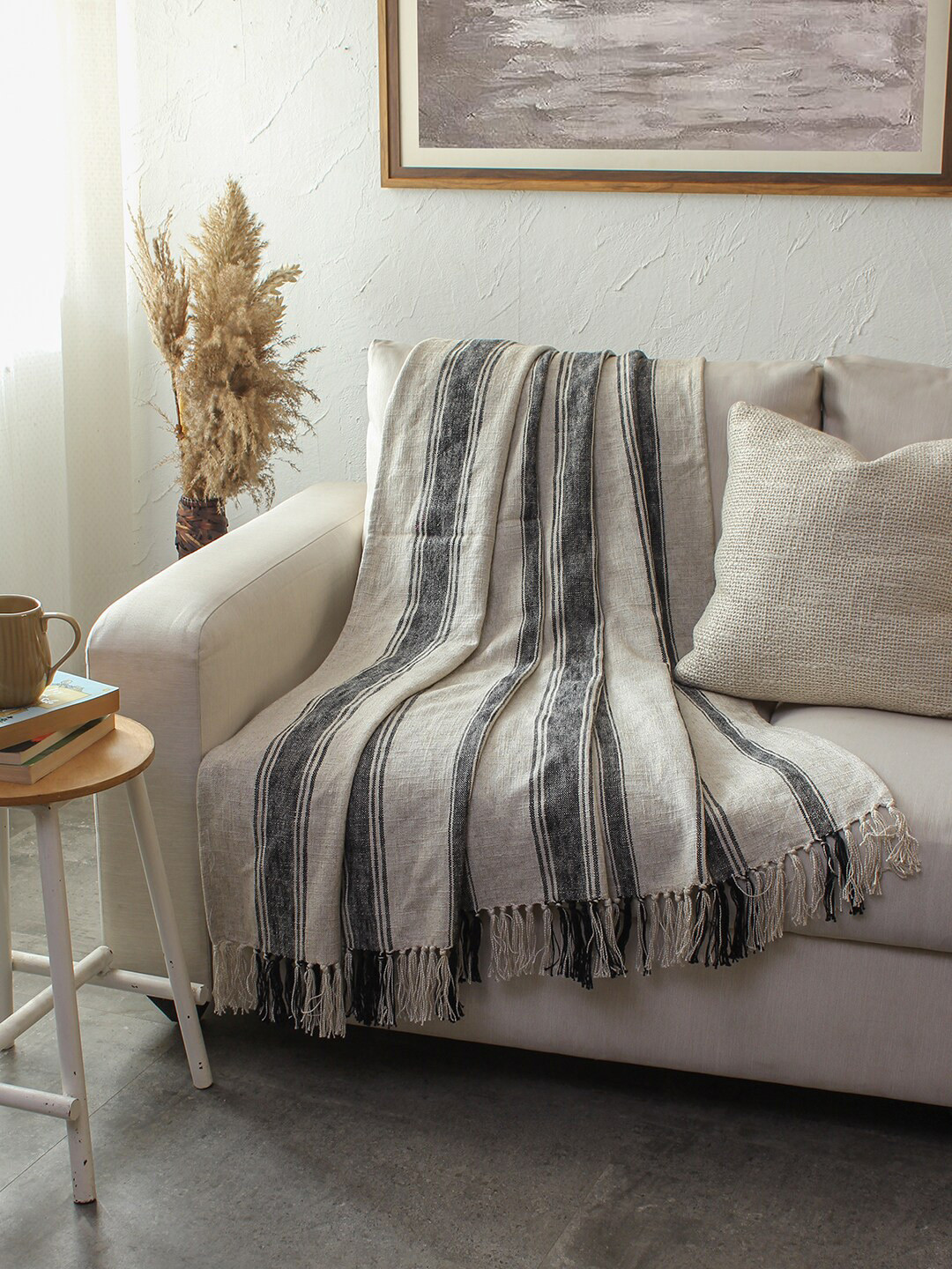 House This Satpura Off white & Black Striped Throw