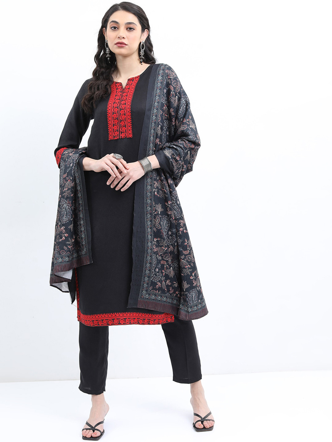 KETCH Women Ethnic Motifs Embroidered Faux Pashmina Kurta with Trousers & Dupatta