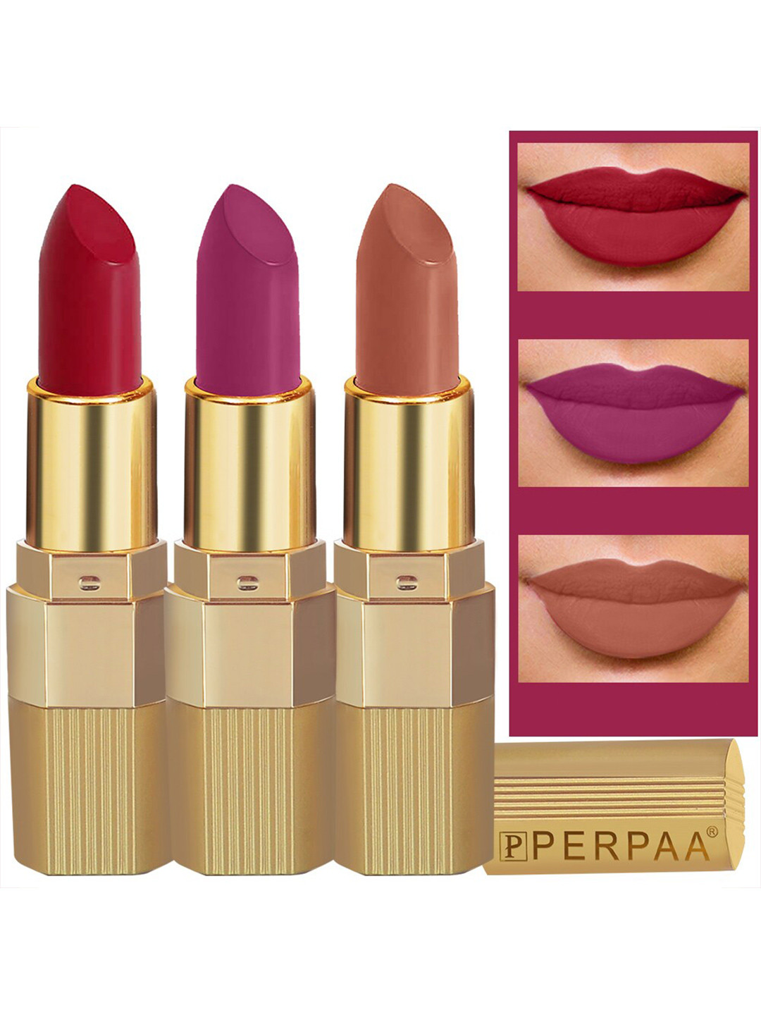 PERPAA Set of 3 Xpression Weightless Matte Long-Lasting Waterproof Lipsticks 3.5 g Each -Innocent Nude 306 - Magenta 302 - Apple Red 303