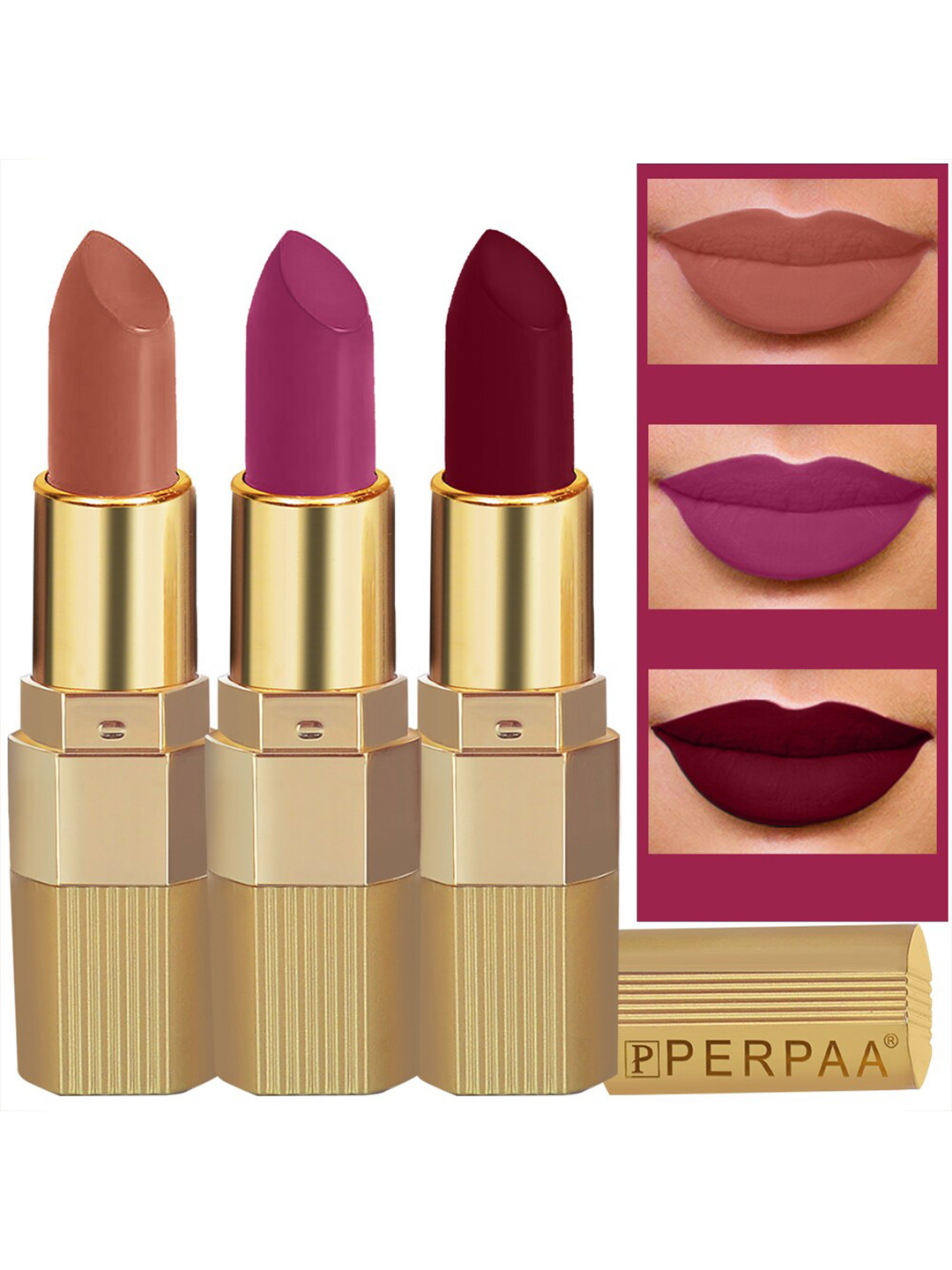 PERPAA Set of 3 Xpression Weightless Matte Long-Lasting Waterproof Lipsticks 3.5 g Each -Innocent Nude  306 -Bold Maroon 307 - Magenta 302