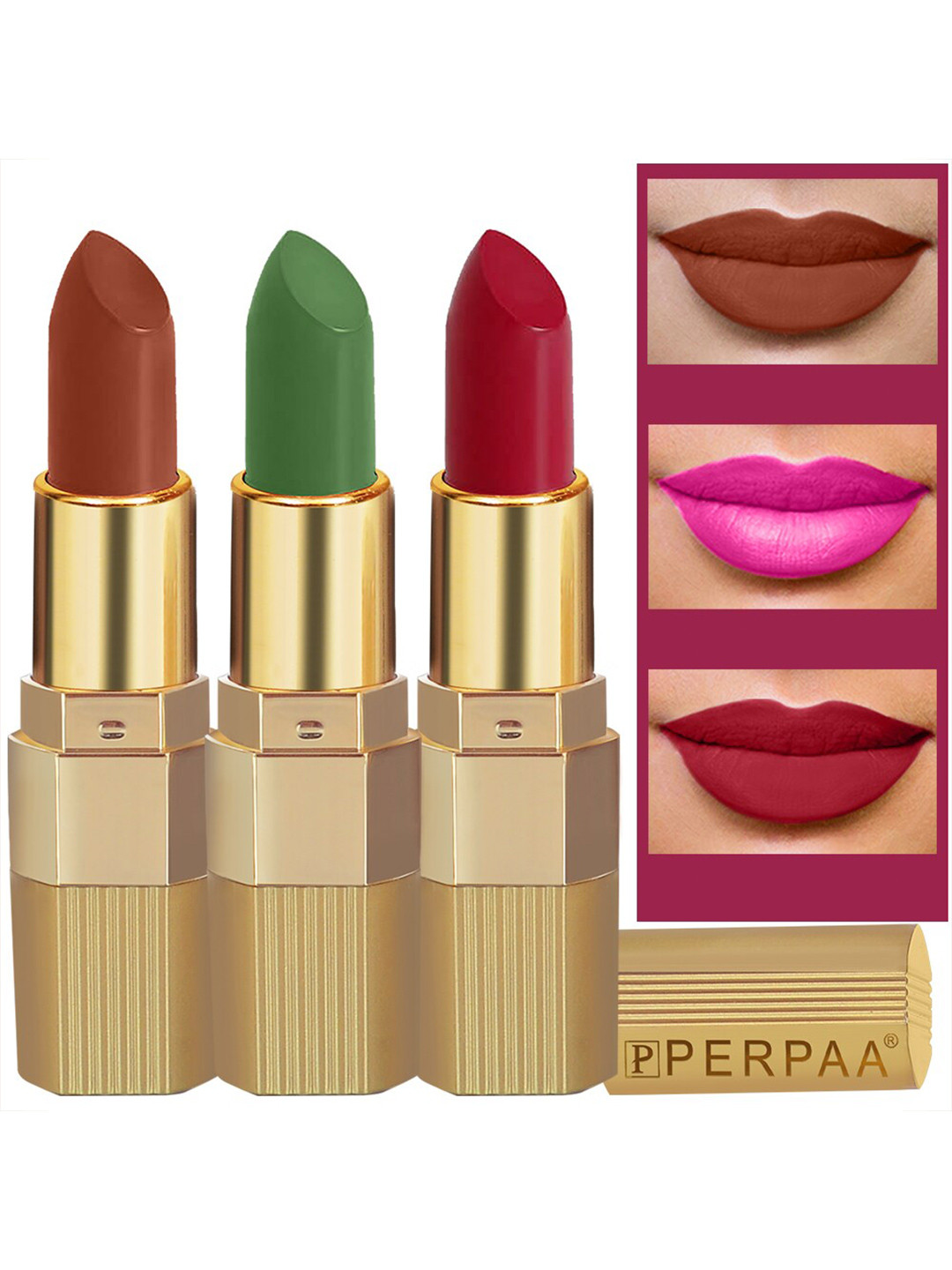 PERPAA Set of 3 Xpression Weightless Matte Long-Lasting Waterproof Lipsticks 3.5 g Each -Rust Brown  301 - Apple Red  303 - Natural Pink 305