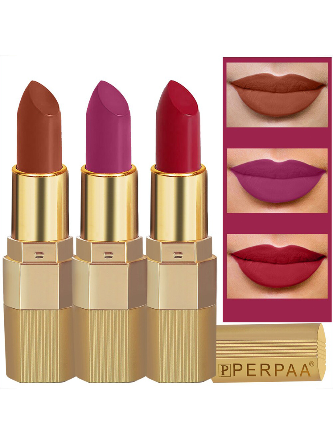 PERPAA Set of 3 Xpression Weightless Matte Long-Lasting Waterproof Lipsticks 3.5 g Each -Rust Brown 301 - Magenta 302 - Apple Red 303