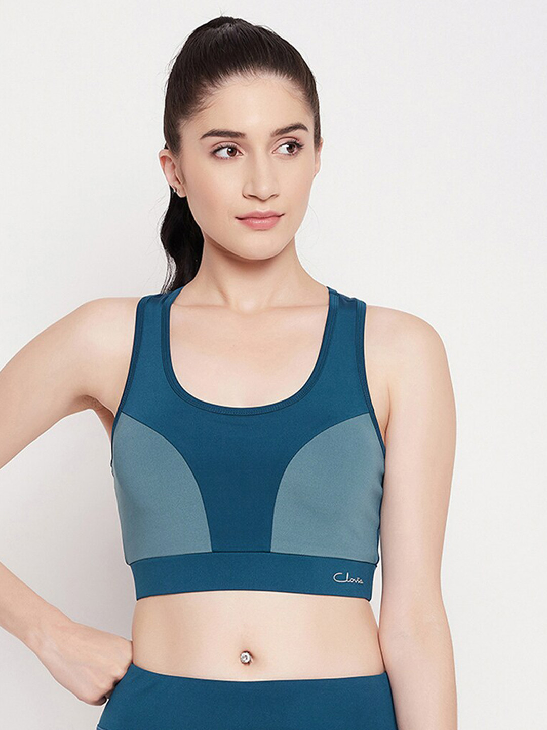 Clovia Medium Impact Padded Colourblocked Racerback Sports Bra