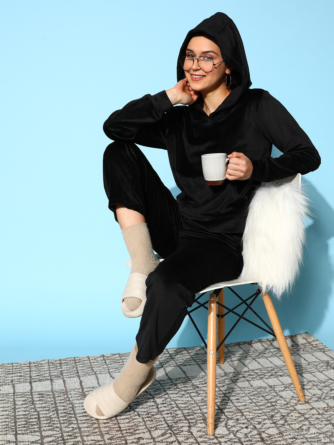 ETC Women Black Velvet Night Suit