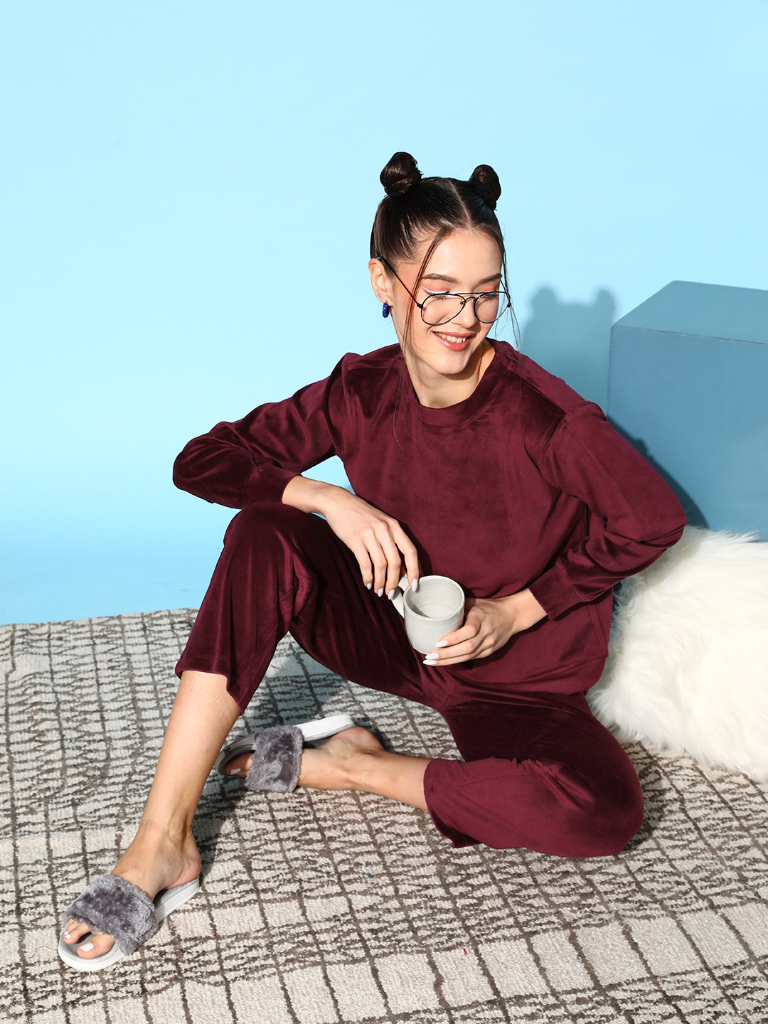 ETC X fwd Women Burgundy Velvet Night suit