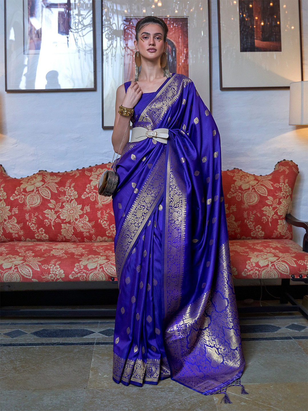 Saree mall Ethnic Motifs Woven Design Zari Chanderi Sarees
