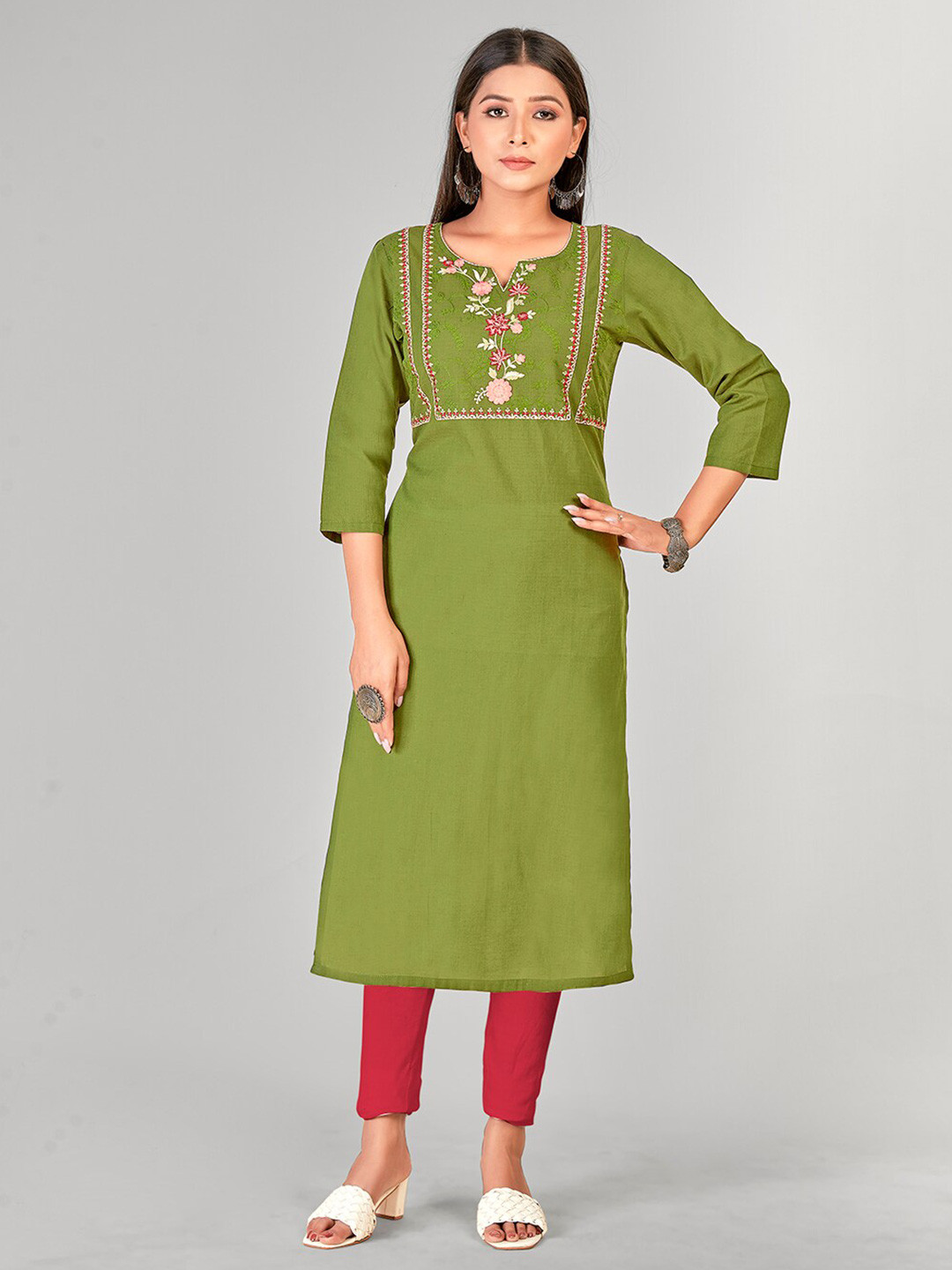 NH KAPDEWALA Floral Yoke Design Thread Work Cotton Kurta