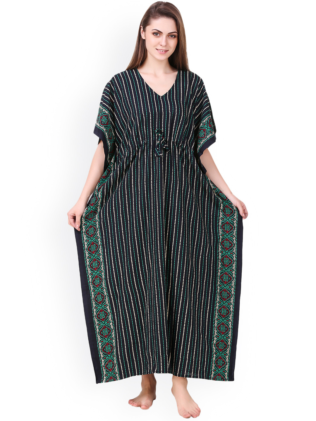 Masha Green Printed Kaftan Maxi Nightdress NT-A-175-928