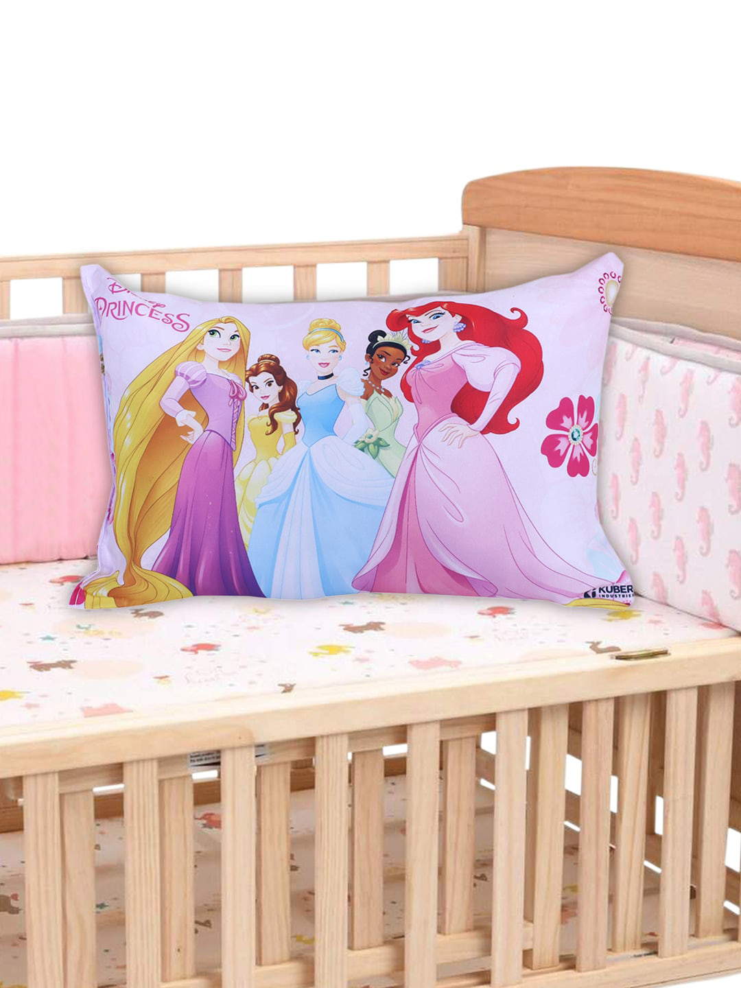 Kuber Industries Disney Princess Pink Cartoon Characters Polyester Medium Fibre Baby Pillow-14 x 31 x 46 cm