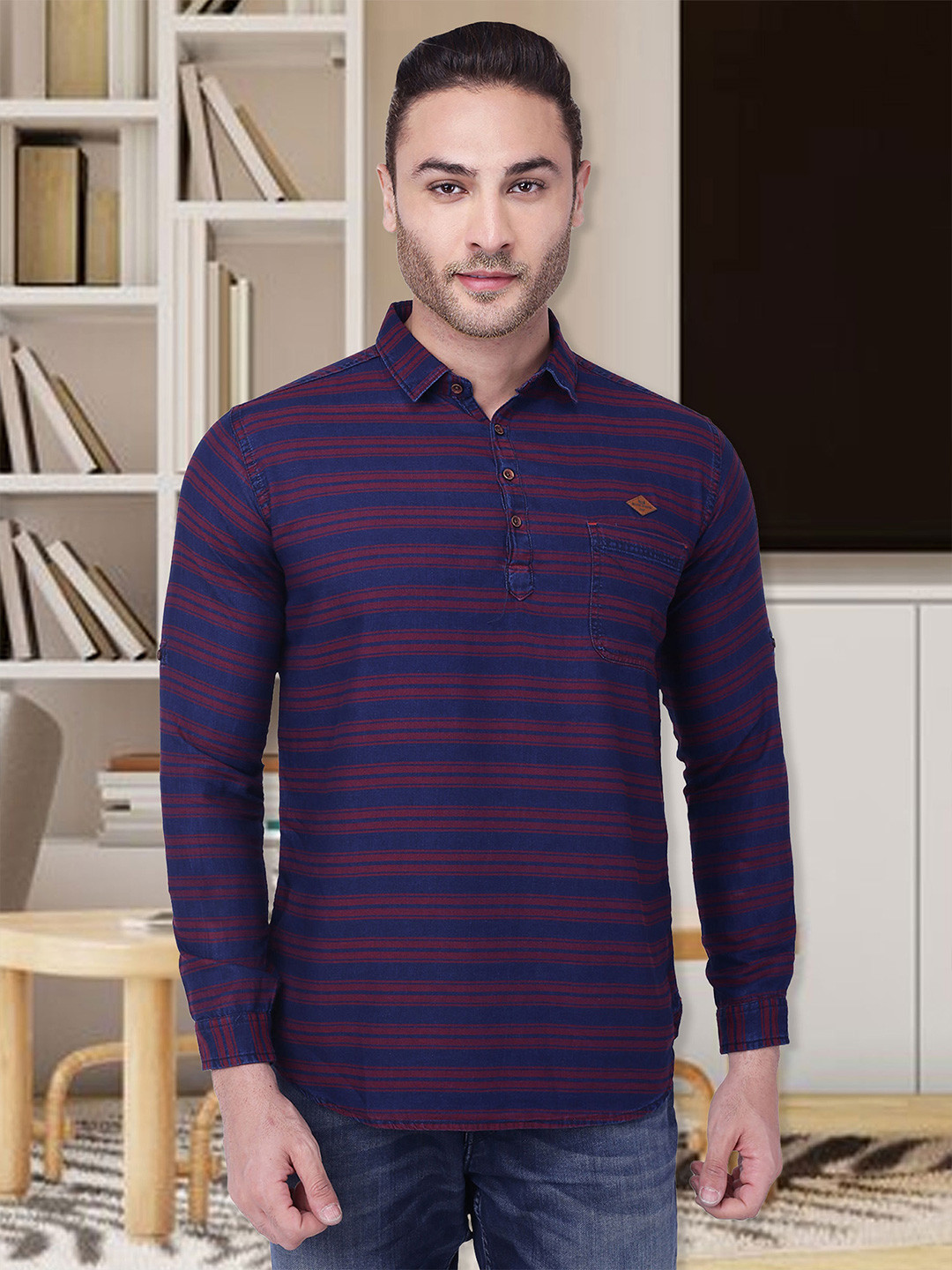 Kuons Avenue Men Maroon Striped Thread Work Indigo Denim Pathani Kurta