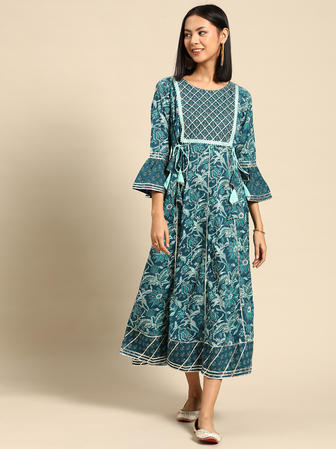 RANGMAYEE Teal Floral Ethnic A-Line Cotton Gota Patti Maxi Dress