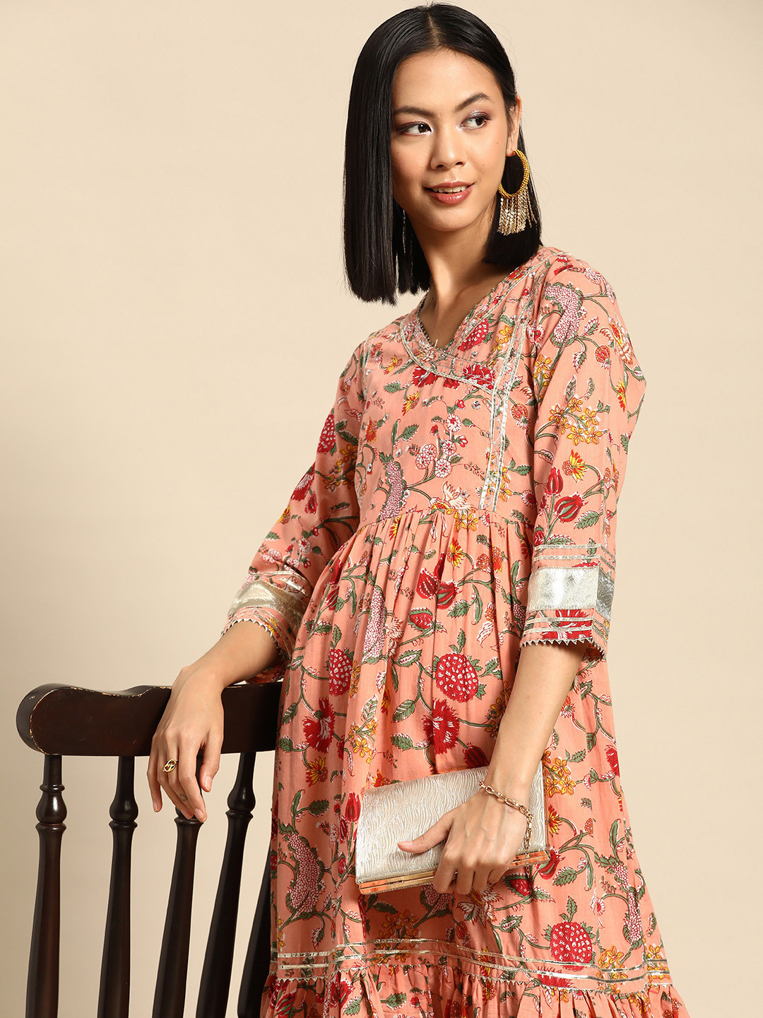 RANGMAYEE Peach-Coloured & Red Floral Ethnic A-Line Cotton Maxi Ethnic Dress