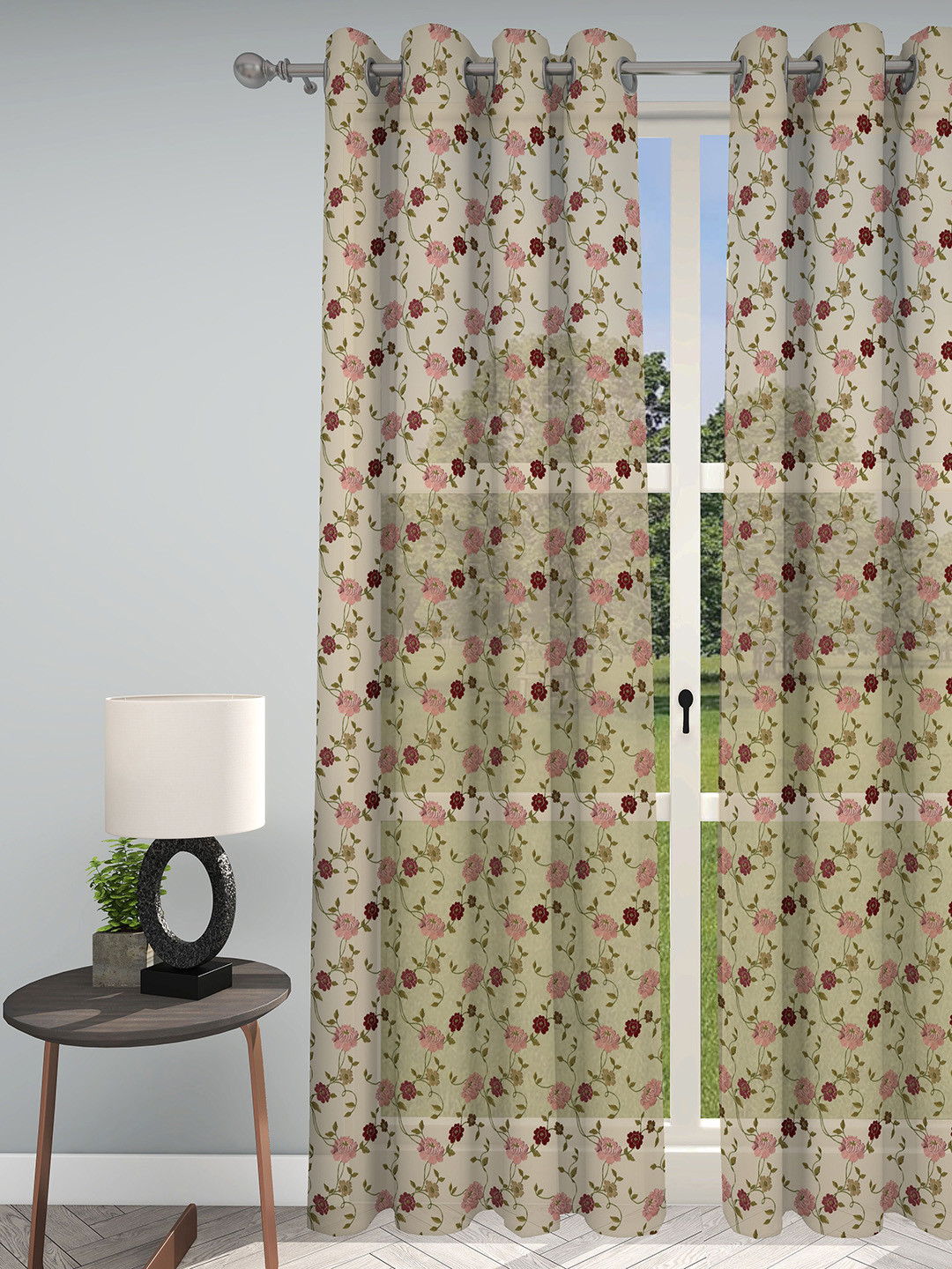GM Indulgence Beige & Pink Embroidered Sheer Door Curtain