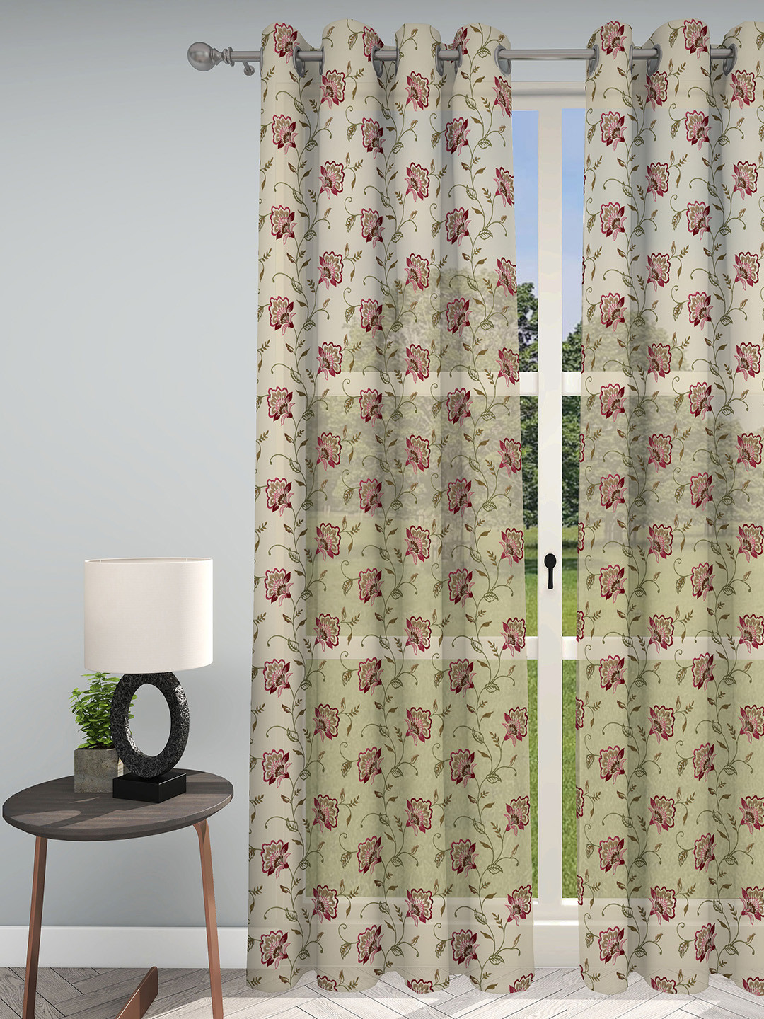 GM Indulgence Beige & Green Embroidered Sheer Door Curtain