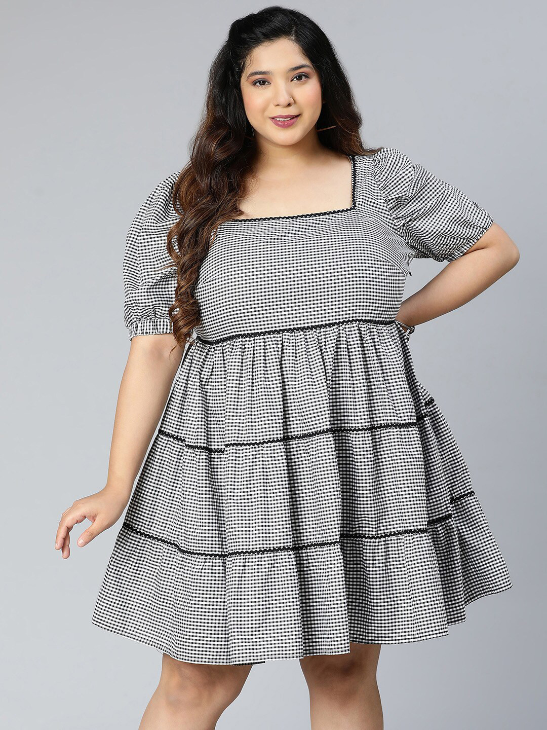 Oxolloxo Woman Plus Check Cotton Round Neck Lace Detail Empire Dress