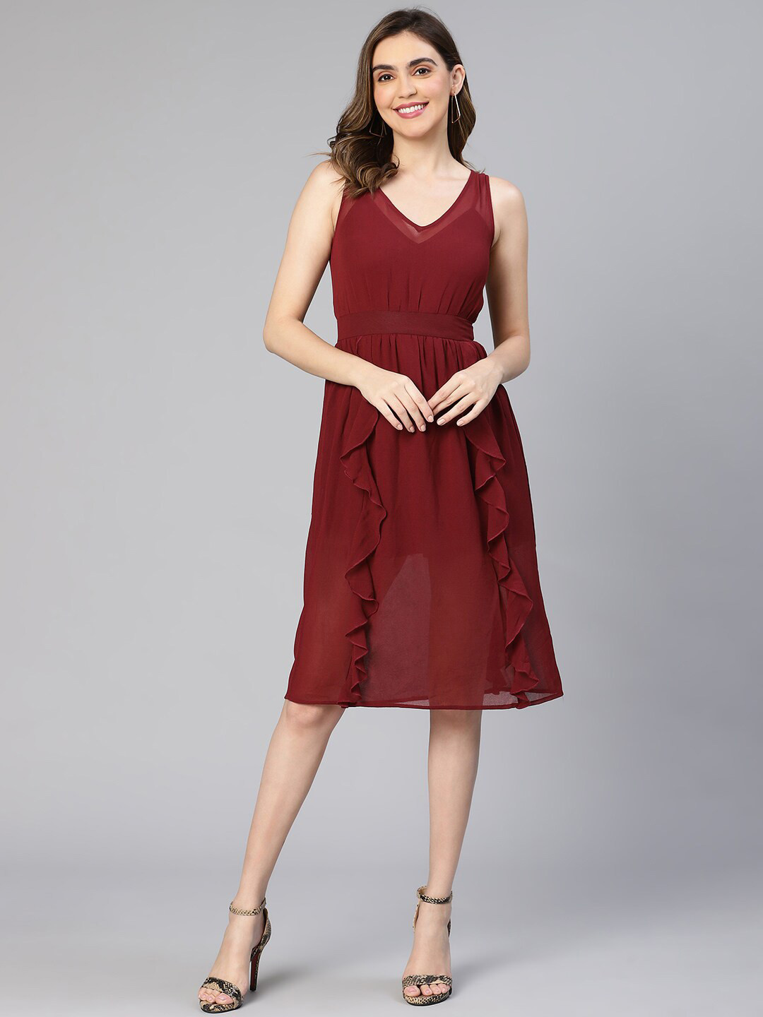 Oxolloxo Maroon A-Line Ruffle Dress