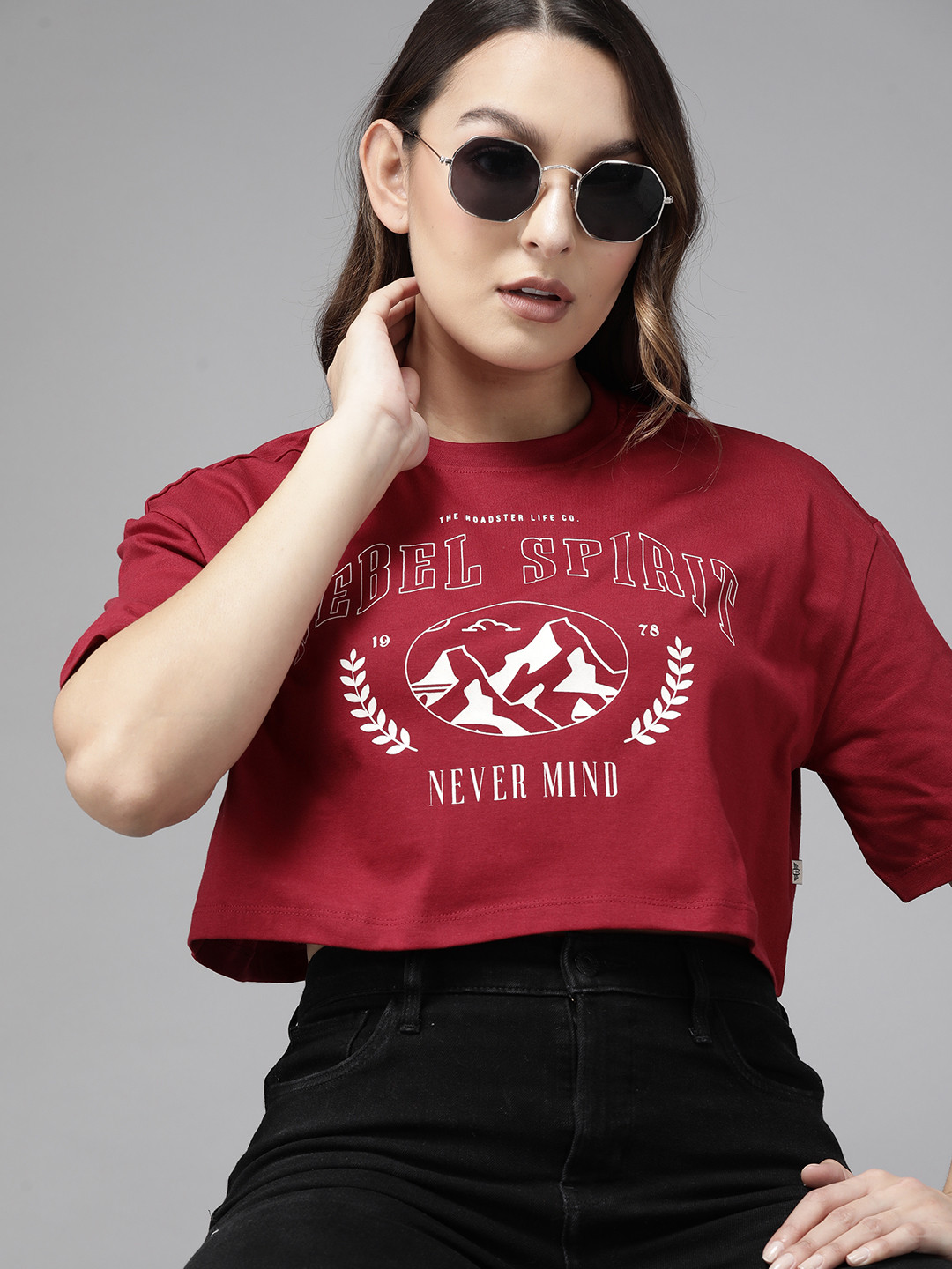 The Roadster Lifestyle Co. Print Drop-Shoulder Sleeves Cotton Boxy Super Crop T-shirt