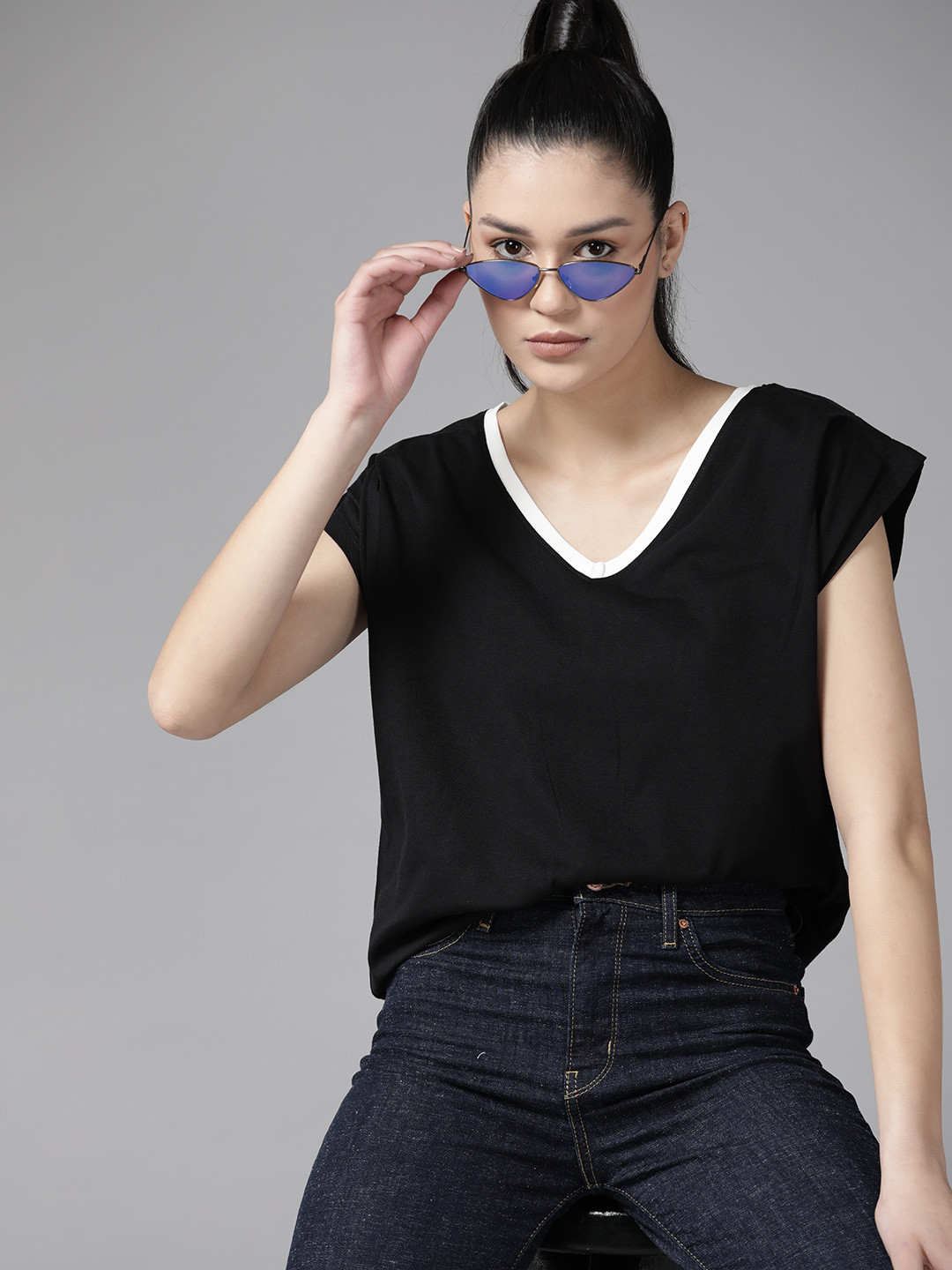 Roadster The Lifestyle Co. Women V-Neck Extended Sleeves Pure Cotton T-shirt