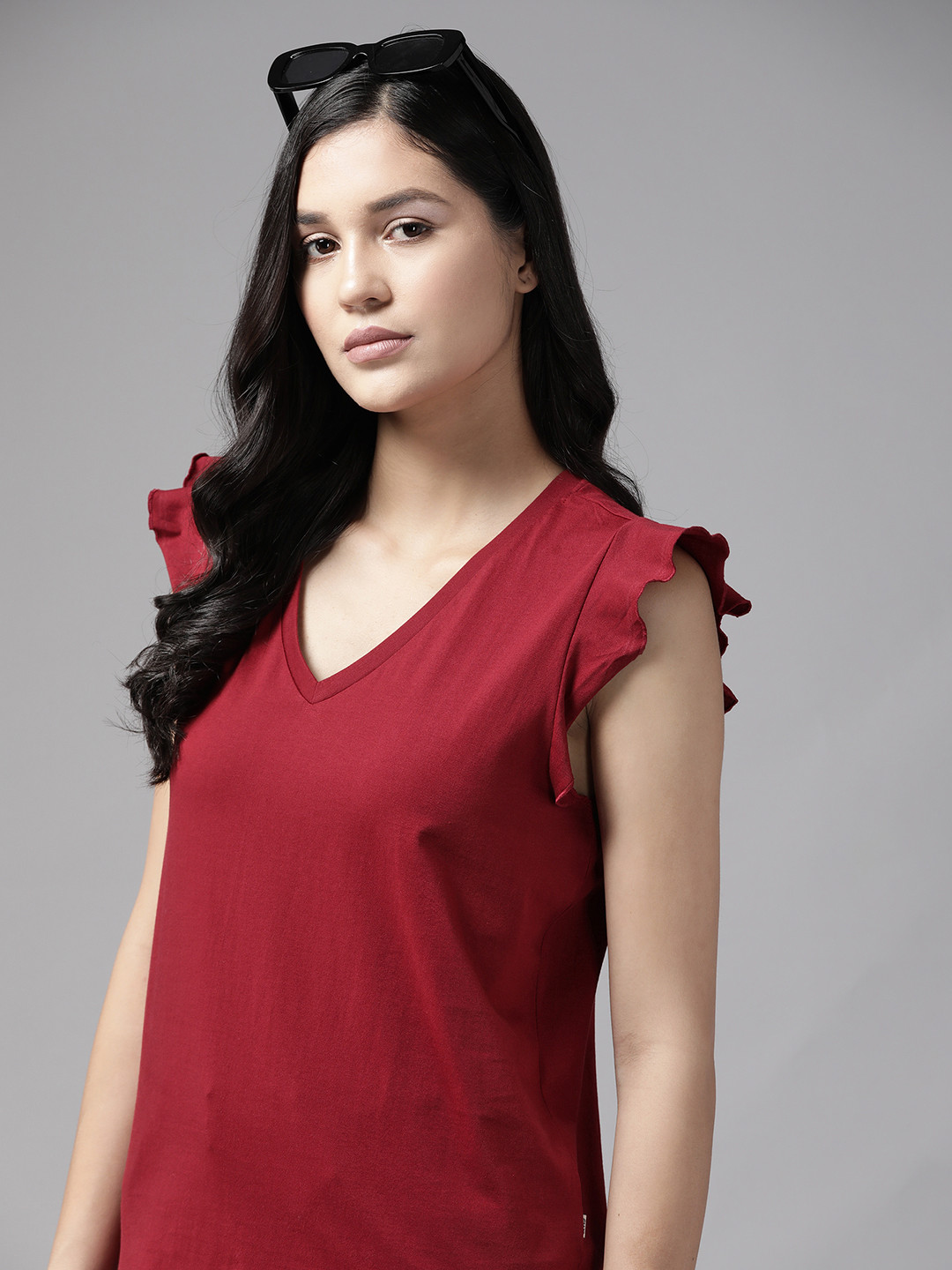 The Roadster Lifestyle Co. Ruffles-Detailed Sleeves Pure Cotton T-shirt