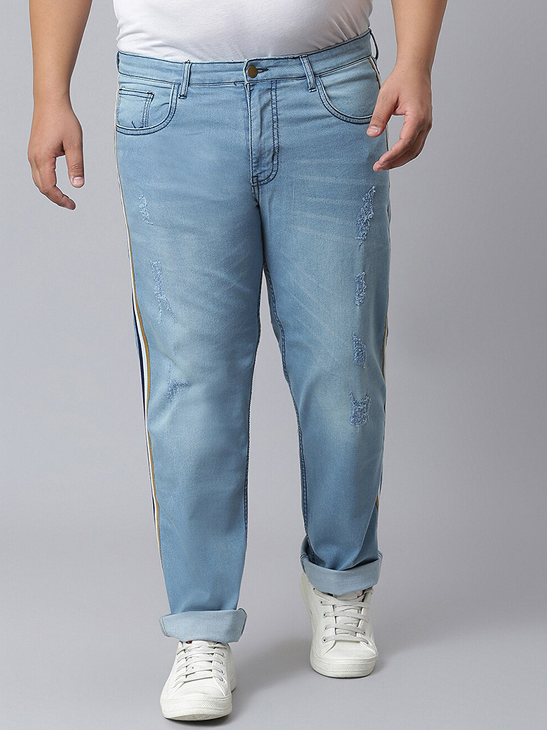 Instafab Plus Men Plus Size Side Striped Relaxed Fit Low Distress Heavy Fade Cotton Jeans