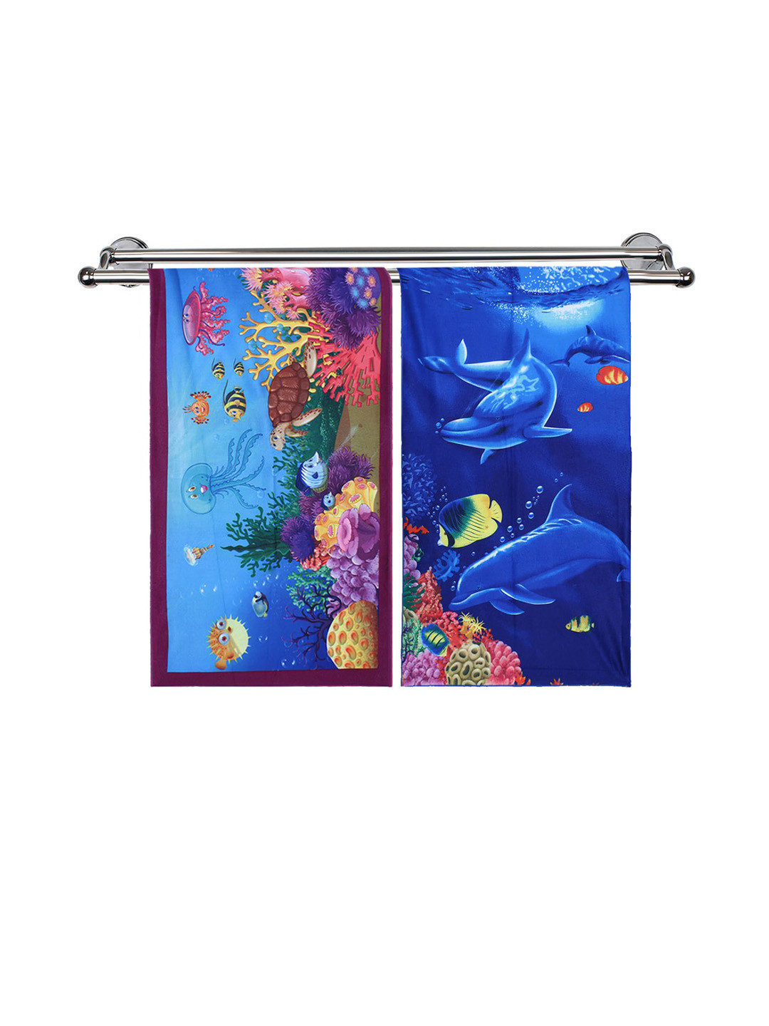 Kuber Industries Kids Pack Of 2 Blue Ocean & Aquarium Printed Super Absorbent 350 GSM Cotton Bath Towels