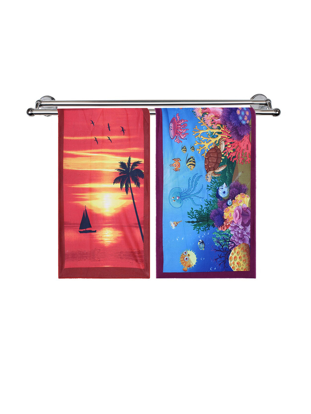 Kuber Industries Kids Set Of 2 Blue & Red Ocean & Sunrise Printed Super Absorbent 350 GSM Cotton Bath Towels