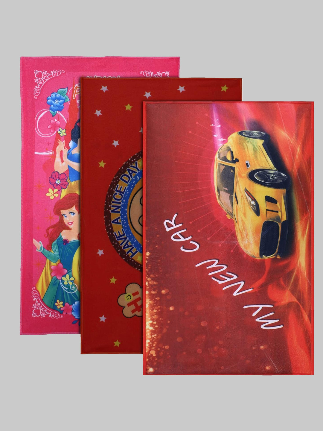 Kuber Industries Kids Set Of 3 Pink & Red Princess With Team Babloo & Car Printed Super Absorbent 350 GSM Cotton Bath Towels