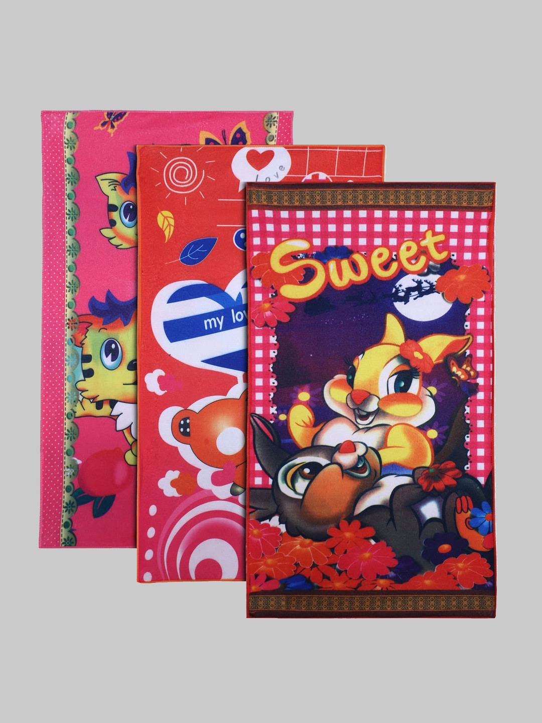 Kuber Industries Kids Set Of 3 Pink & Red Rabbit With Cat & Teddy Printed Super Absorbent 350 GSM Cotton Bath Towels