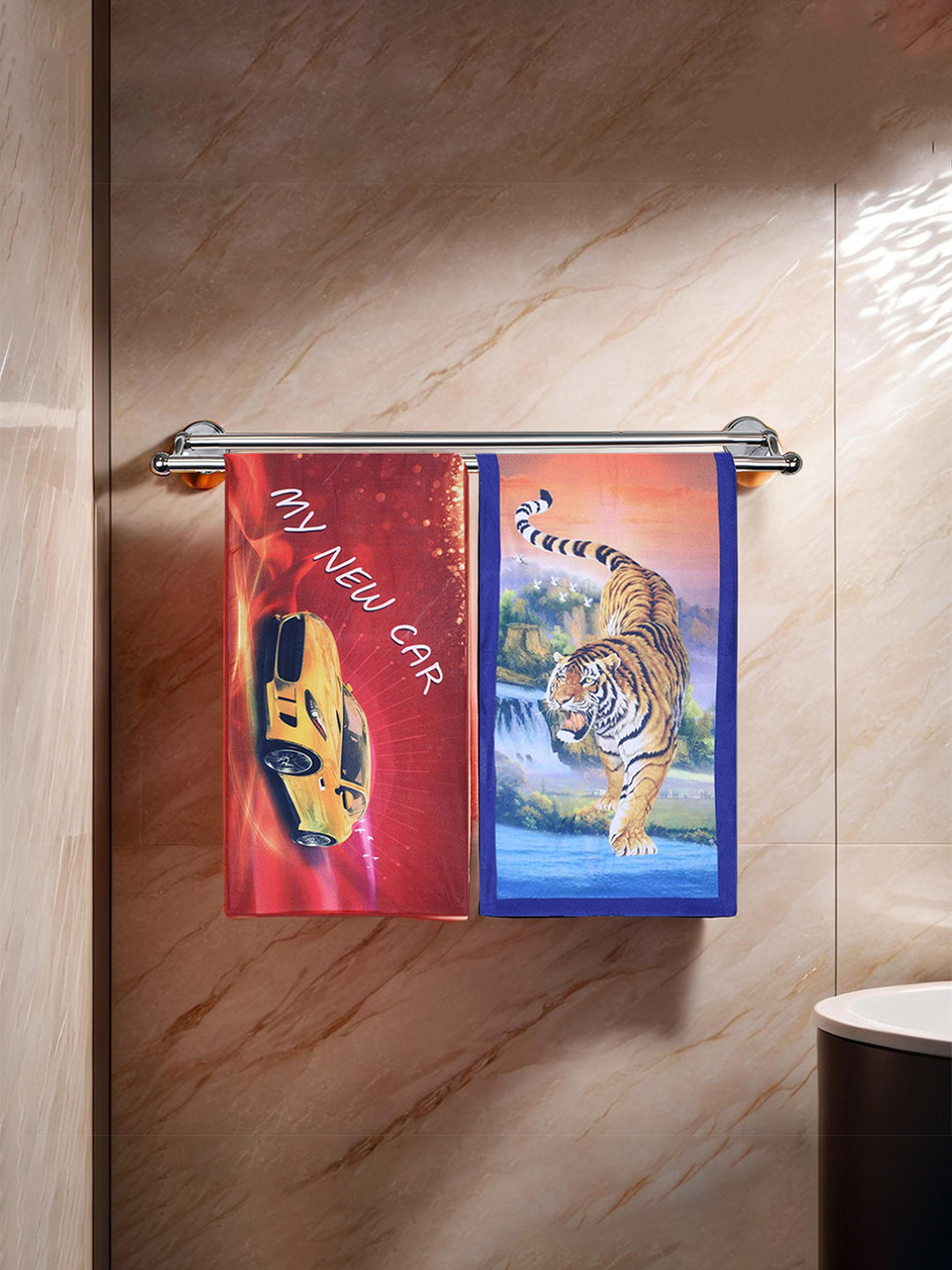 Kuber Industries Kids Set Of 2 Maroon & Orange Car With Tiger Printed Super Absorbent 350 GSM Cotton Bath Towels