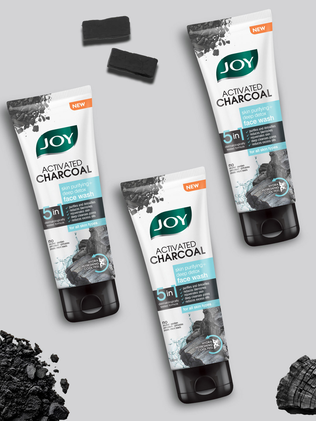 JOY Set of 3 Charcoal Face Wash For Oil Control & Dirt Removal - 100ml Each
