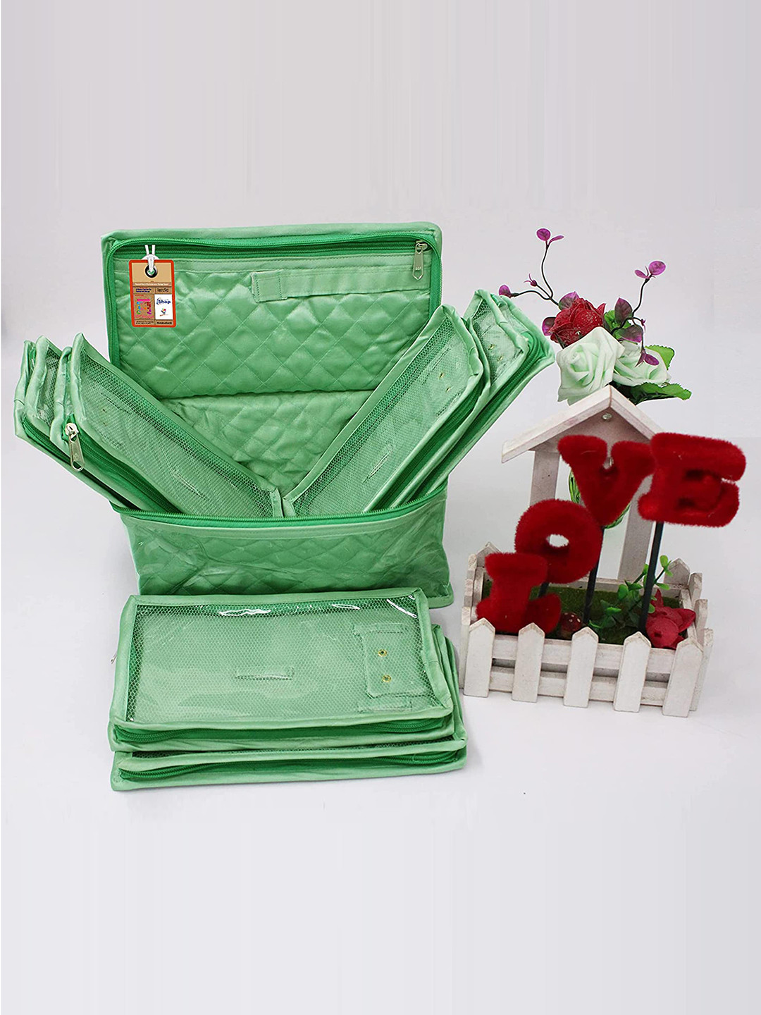 atorakushon Green Textured Satin Jewellery Organisers With 6 Pouches
