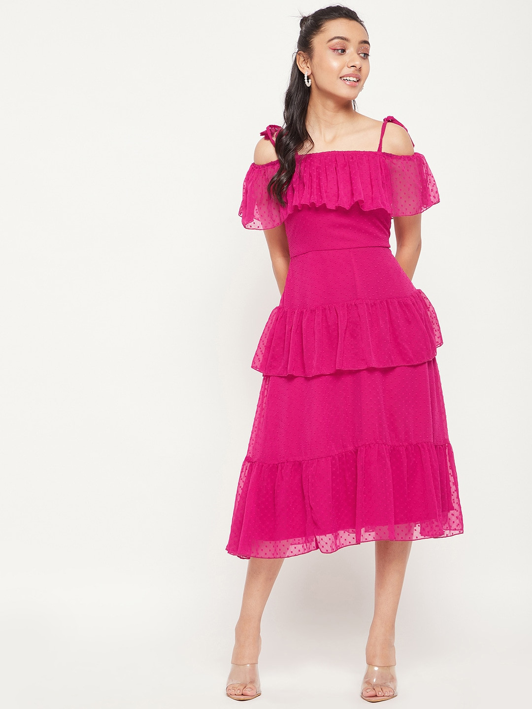 Antheaa Girls Self Design Chiffon Fit and Flare Midi Dress