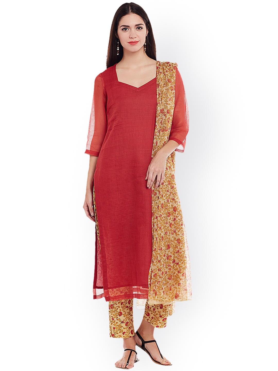 pinkshink Red Beige Pure Cotton Unstitched Dress Material