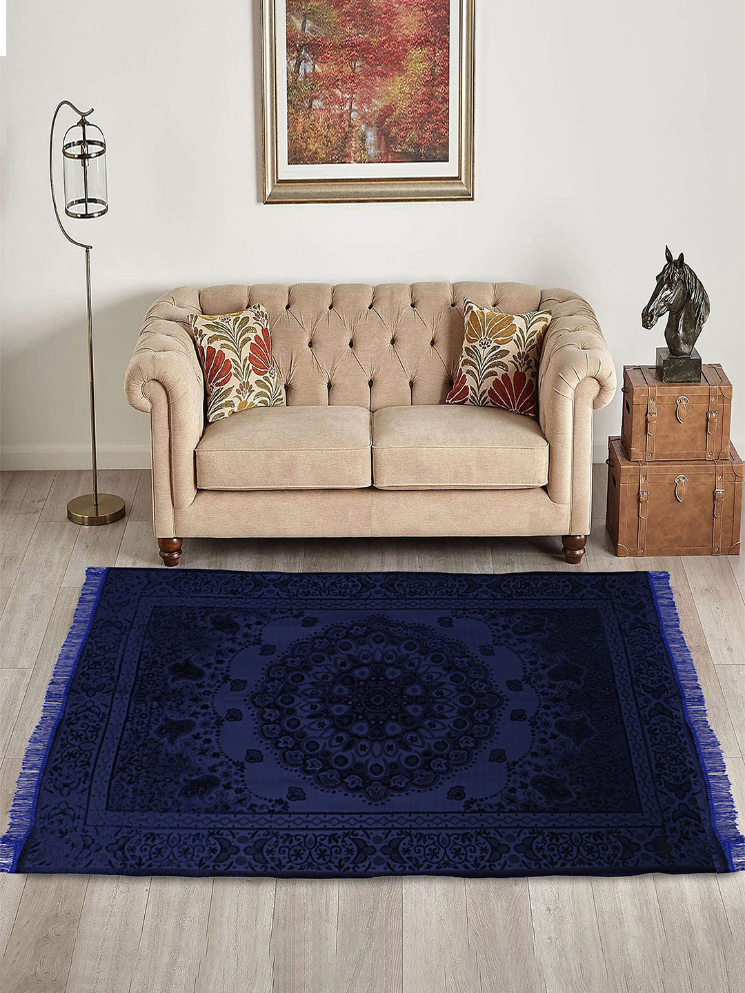 Kuber Industries Navy Blue Embossed Floral Pattern Velvet Non Slip Rectangular Carpet