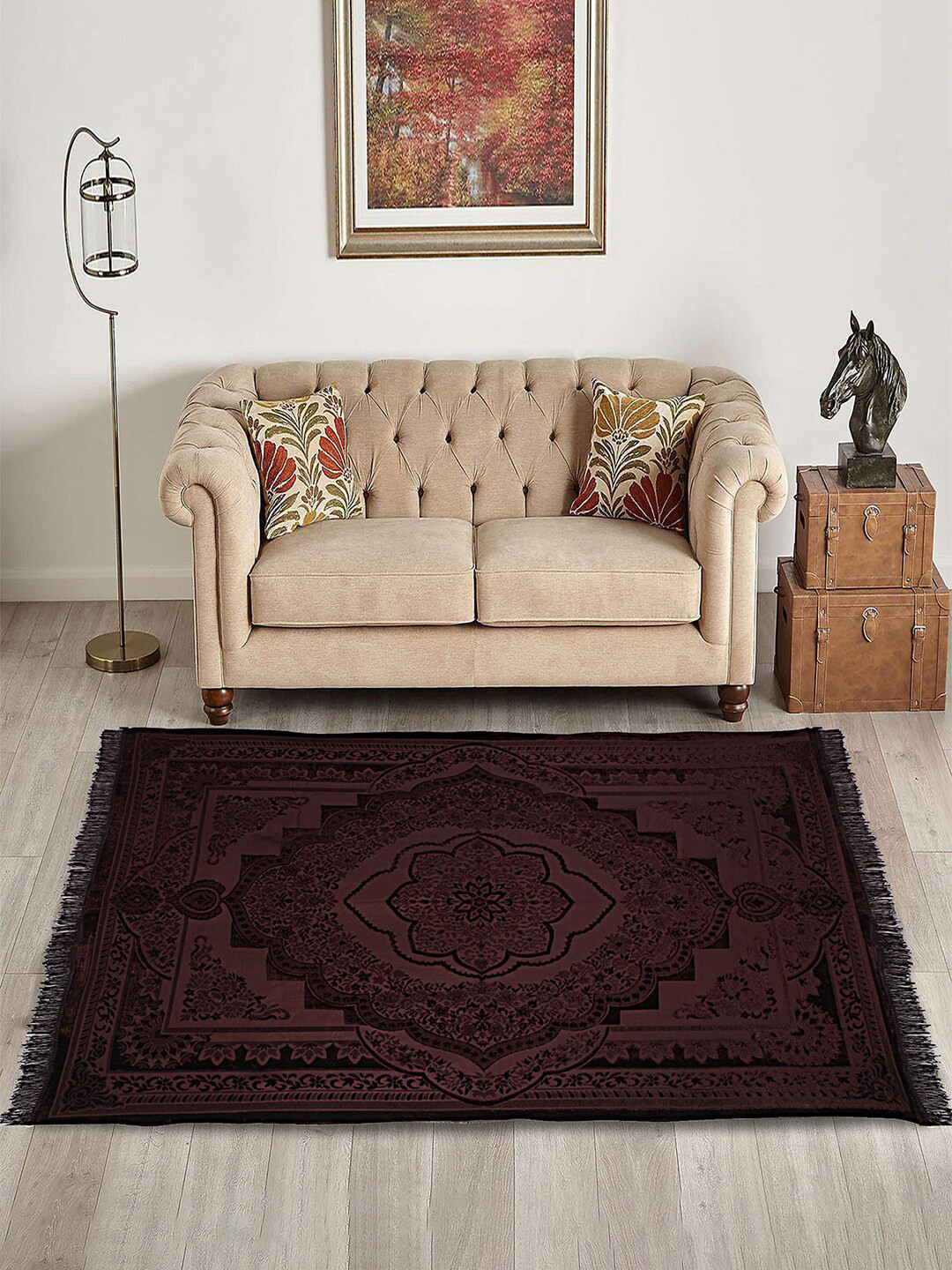 Kuber Industries Brown Embossed Floral Pattern Velvet Non Slip Rectangular Carpet