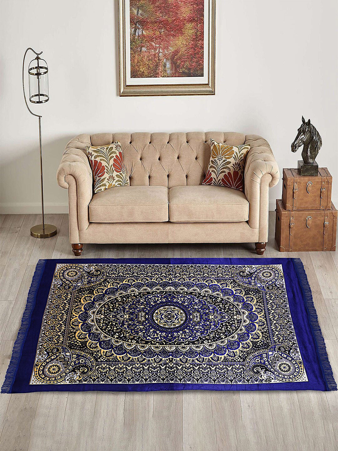 Kuber Industries Navy Blue & Black Kalamkari Paisley Pattern Velvet Non Slip Rectangular Carpet