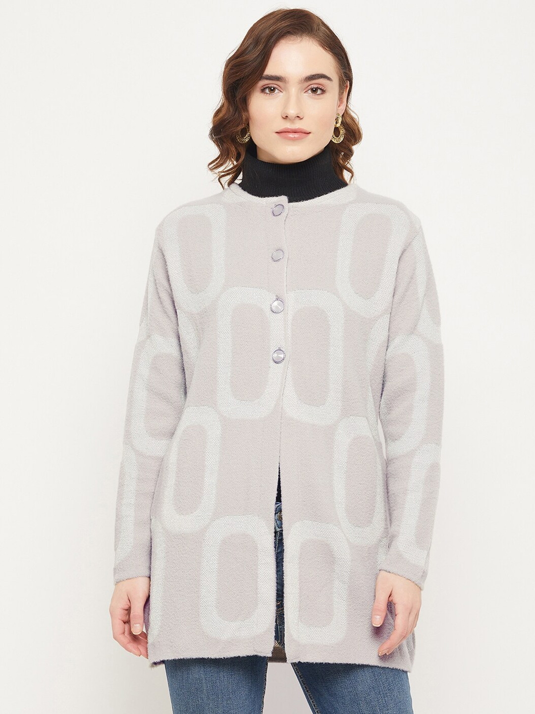 Duke Women Grey & White Longline Acrylic Cardigan