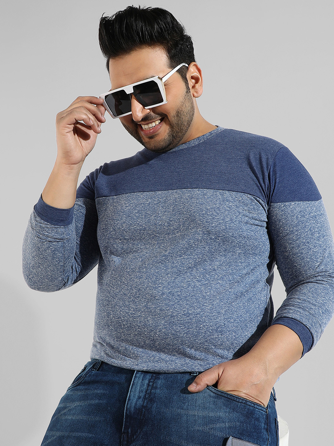 Instafab Plus Men Blue Colourblocked Flex T-shirt