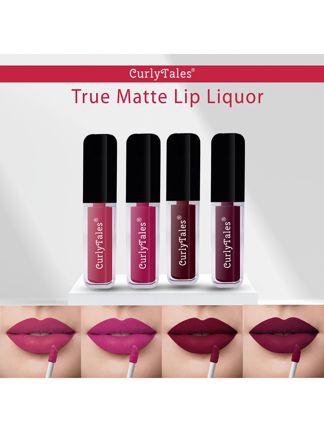 CurlyTales Set Of 4 Lightweight & Waterproof True Matte Liquid Lipsticks - 02, 12, 13, 15
