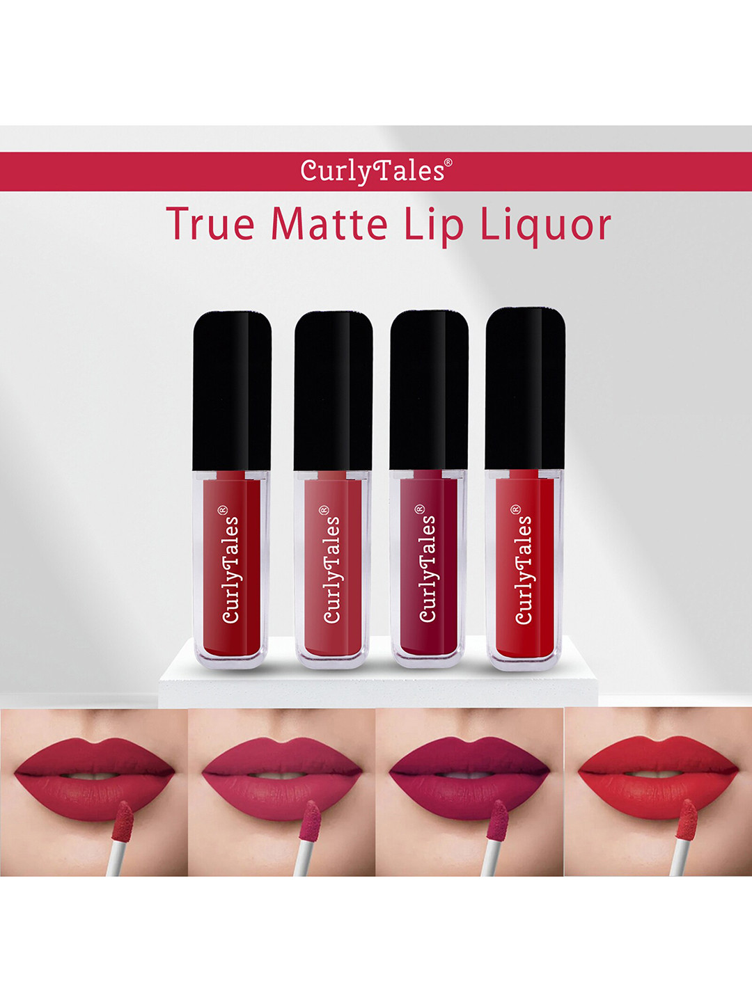CurlyTales Set of 4 Lightweight & Waterproof True Matte Liquid Lipsticks 4 ml Each- Red 03 - Brick Red 06 - Cherry Red 07 - Red 11