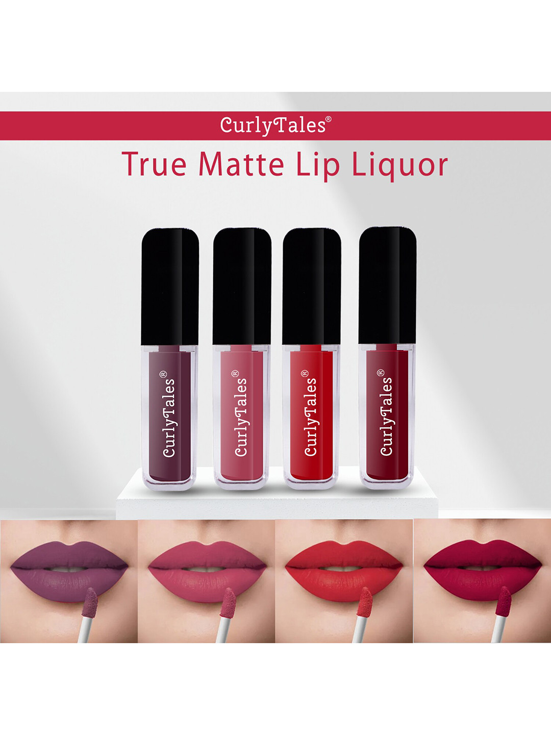 CurlyTales Set of 4 Lightweight & Waterproof True Matte Liquid Lipsticks 4 ml Each- Light Purple 01 - Peach 10 - Red 11 - Maroon 14