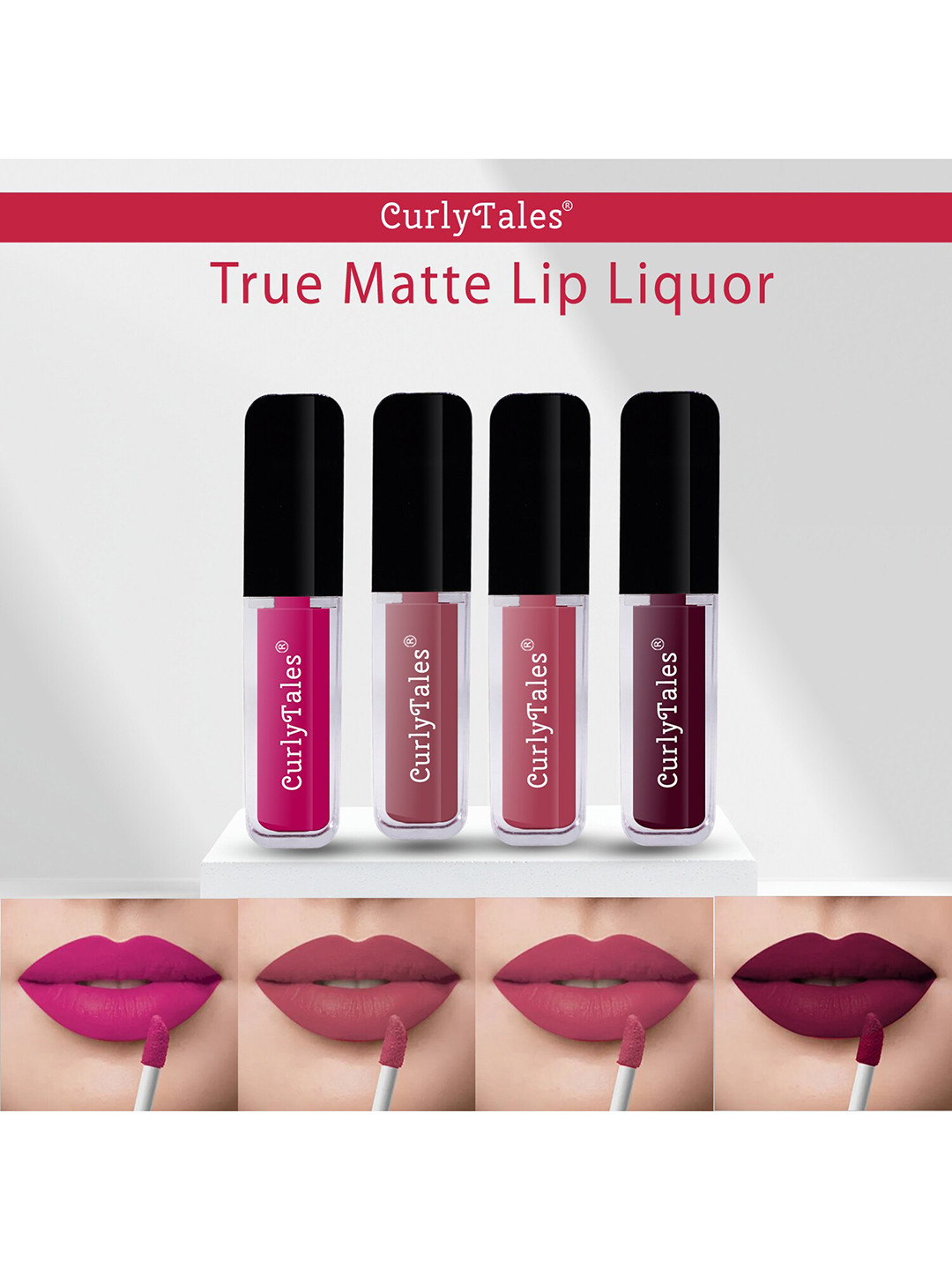 CurlyTales Set of 4 Lightweight & Waterproof True Matte Liquid Lipsticks 4 ml Each-Magenta 04 -  Nude 09 - Peach 10 - Wine 15
