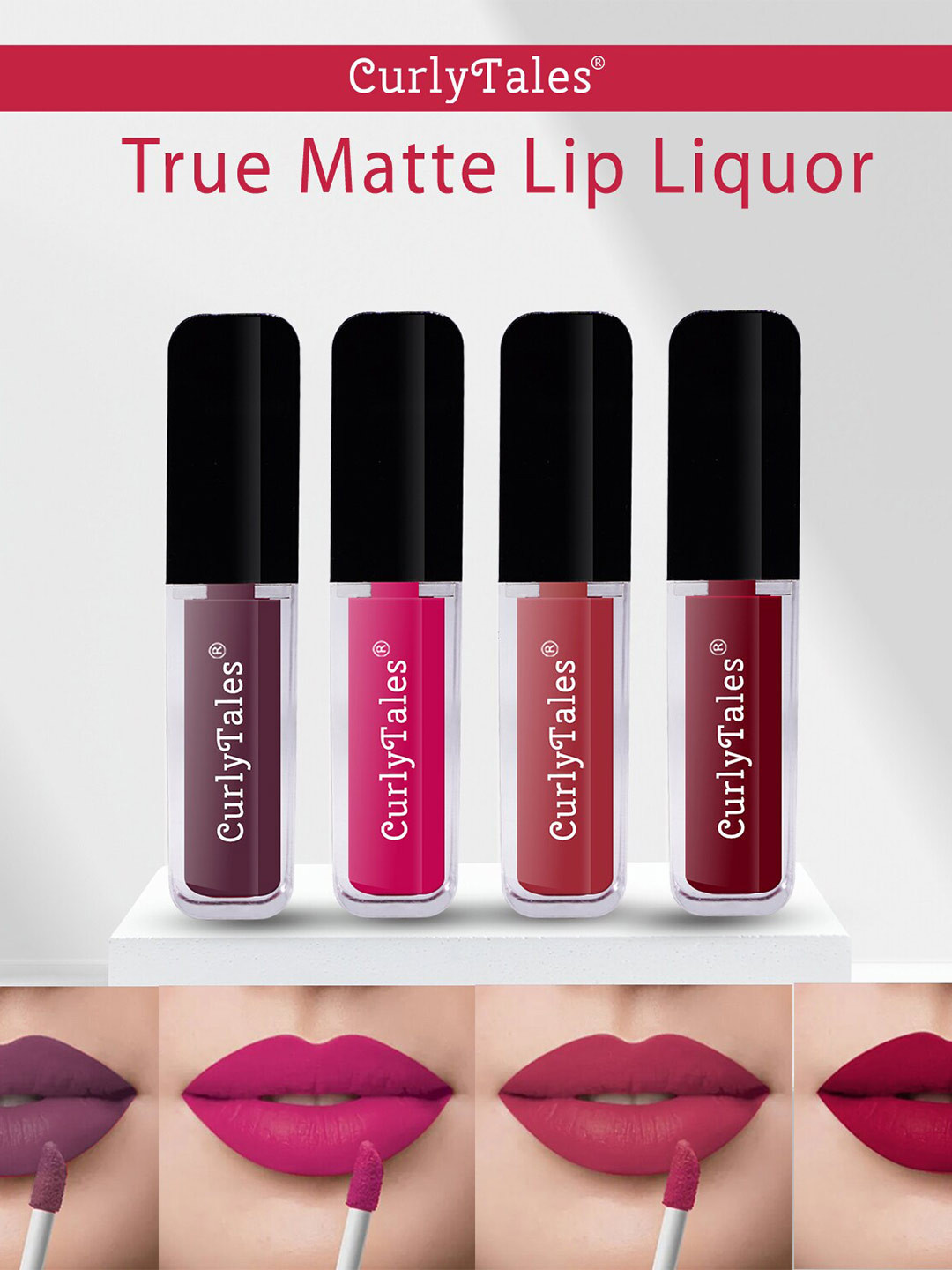 CurlyTales Set of 4 Lightweight & Waterproof True Matte Liquid Lipsticks 4 ml Each-Purple 01 - Magenta 05 - Brick Red 06 - Maroon 14